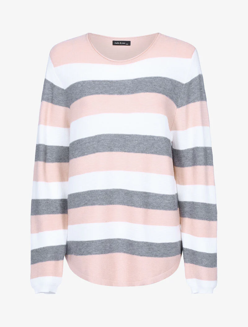 Pull en maille à bandes tricolores - rose/écru/gris foncé