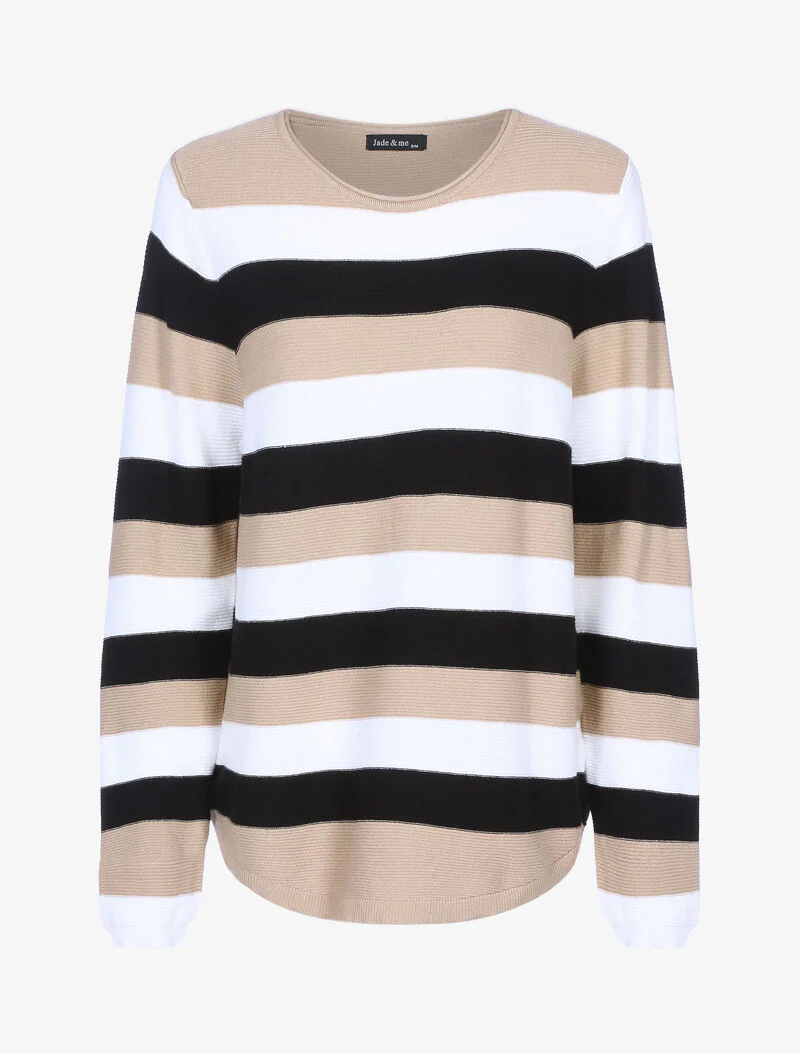 Pull en maille à bandes tricolores - camel/écru/noir - Image 2