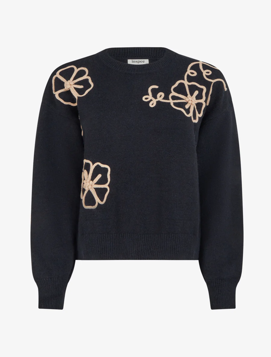 Pull en maille à broderies fleurs - Noir