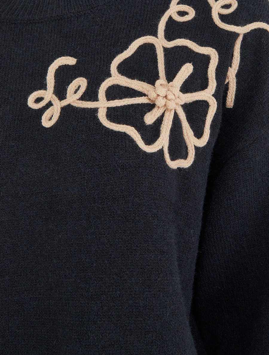 Pull en maille à broderies fleurs - Noir - Image 3