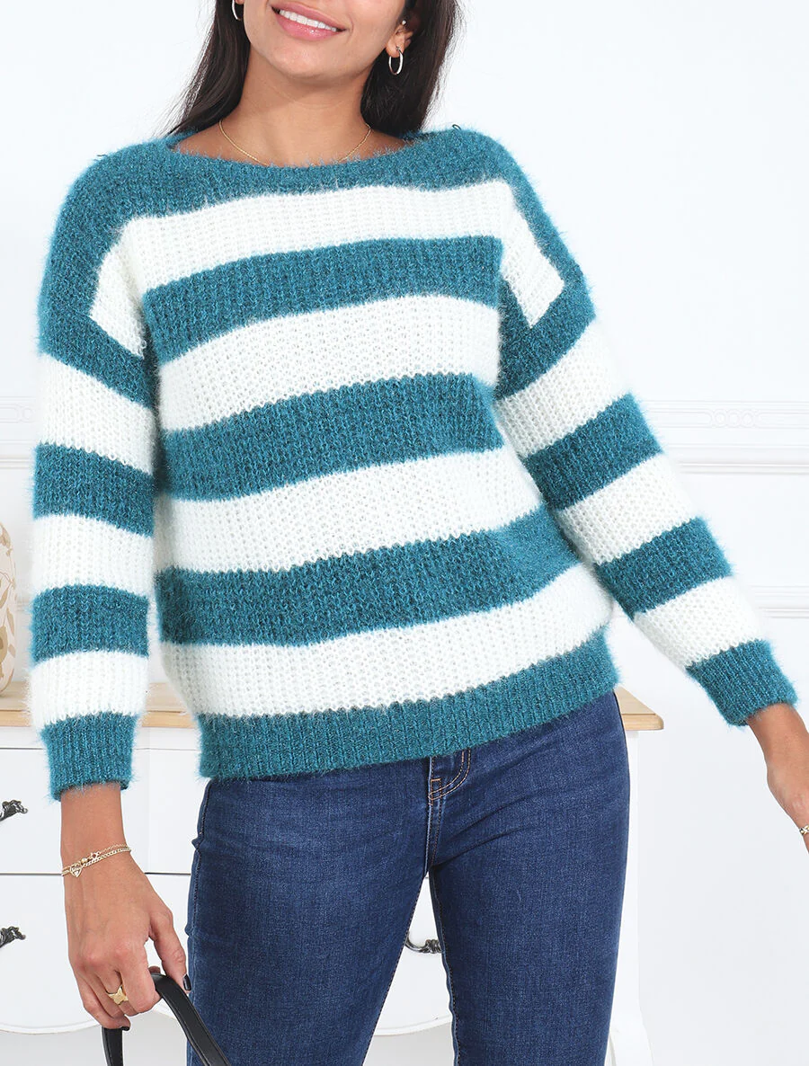 Pull en maille à rayures - Bleu canard - Image 3
