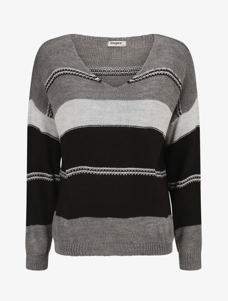Pull en maille à rayures stylisées - Gris foncé
