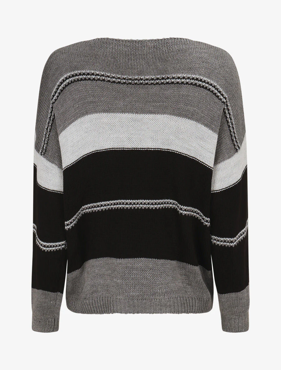 Pull en maille à rayures stylisées - Gris foncé - Image 2