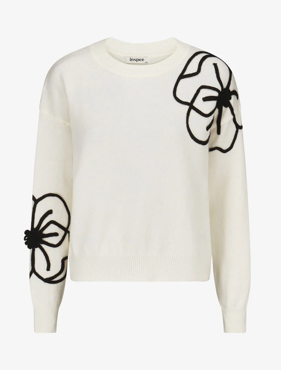 Pull en maille broderie fleurs - Crème