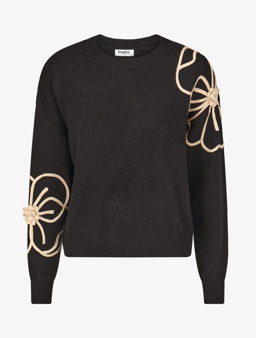 Pull en maille broderie fleurs - Noir