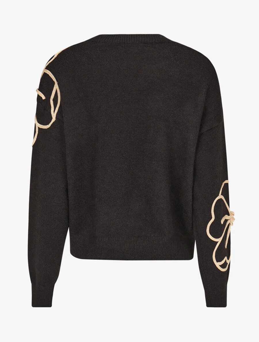 Pull en maille broderie fleurs - Noir - Image 2