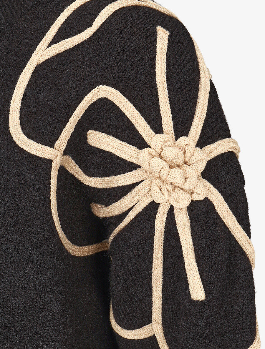 Pull en maille broderie fleurs - Noir - Image 3