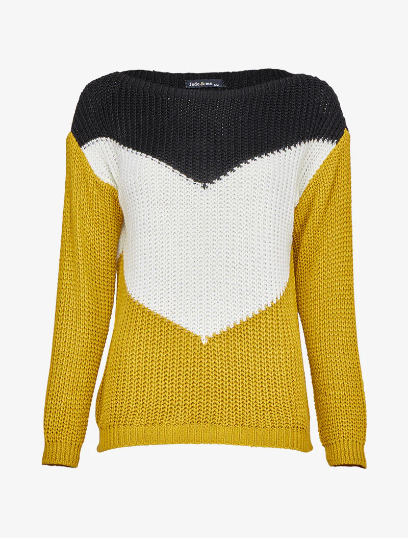 Pull en maille épaisse à motif en V tricolore et col bateau - Moutarde