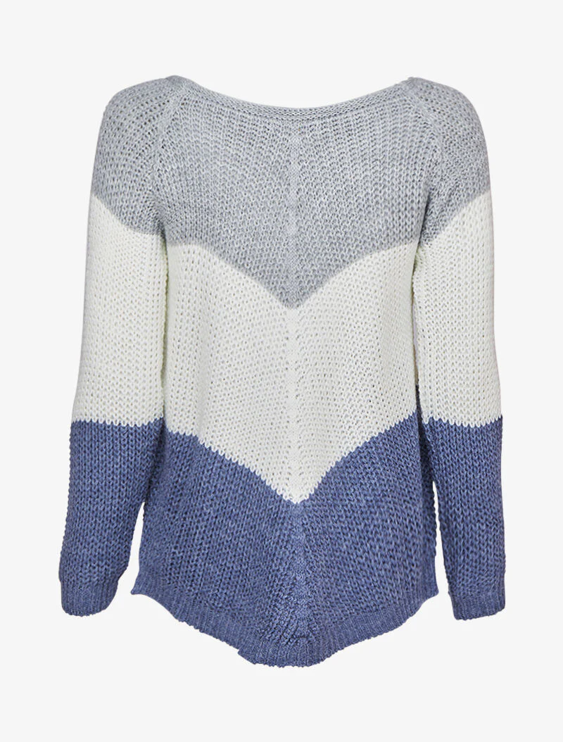 Pull en maille épaisse à motif en V tricolore - Marine - Image 2