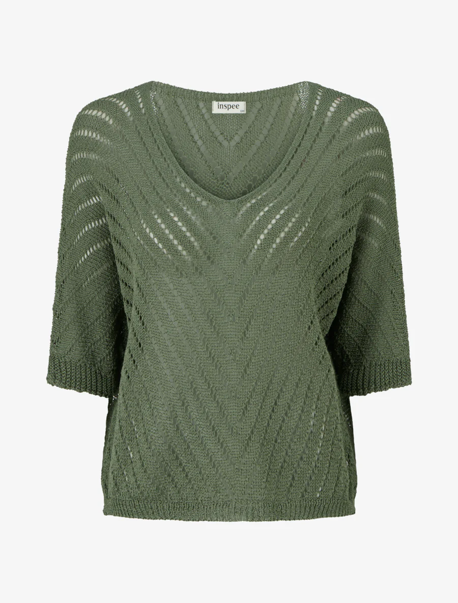 Pull en maille légère à col V - Kaki