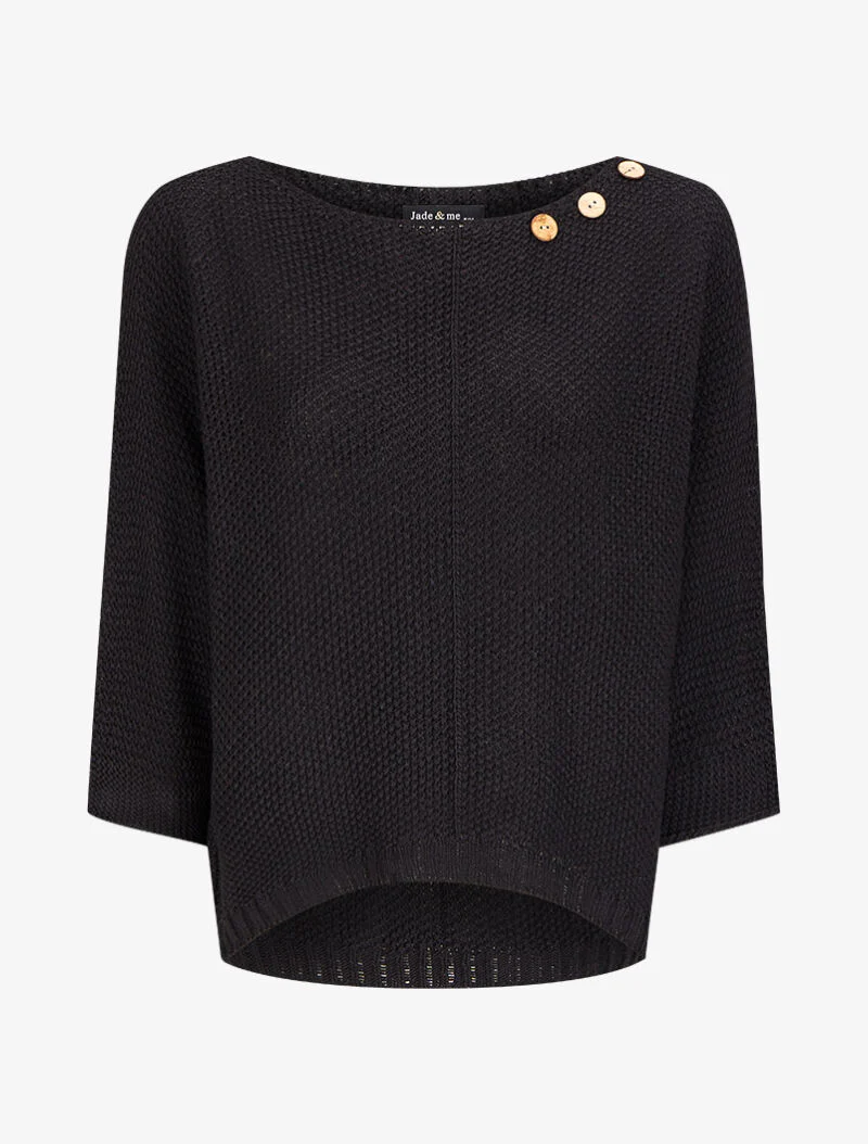 Pull en maille point de riz à col bateau boutonné - Noir