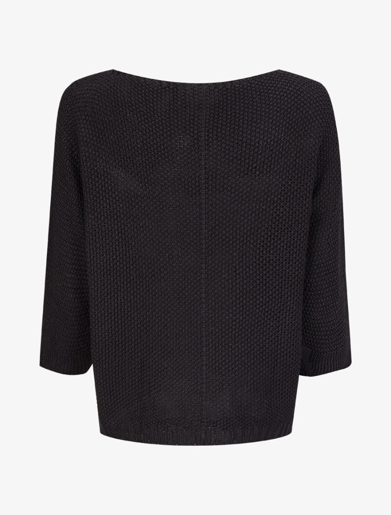 Pull en maille point de riz à col bateau boutonné - Noir - Image 2