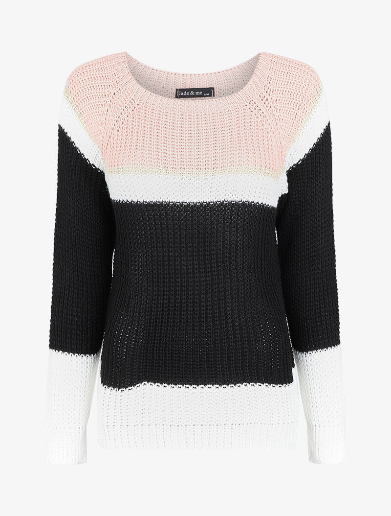 Pull en maille rayée irisée et manches raglan - Rose poudré