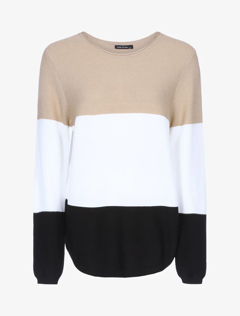 Pull en maille tricolore - camel/écru/noir