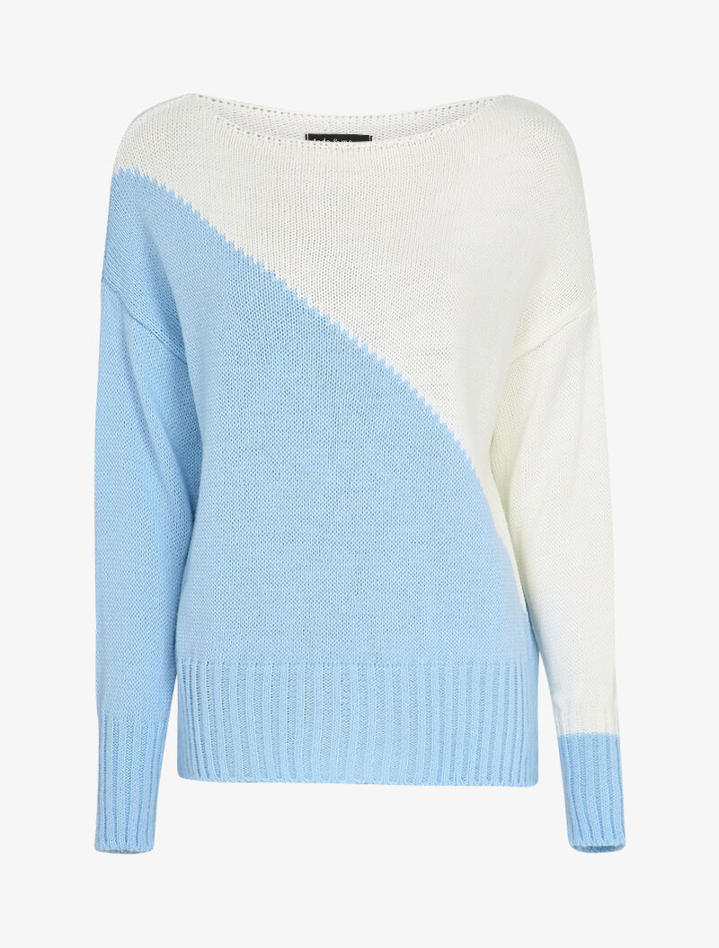 Pull en maille tricot bicolore - Bleu ciel/blanc
