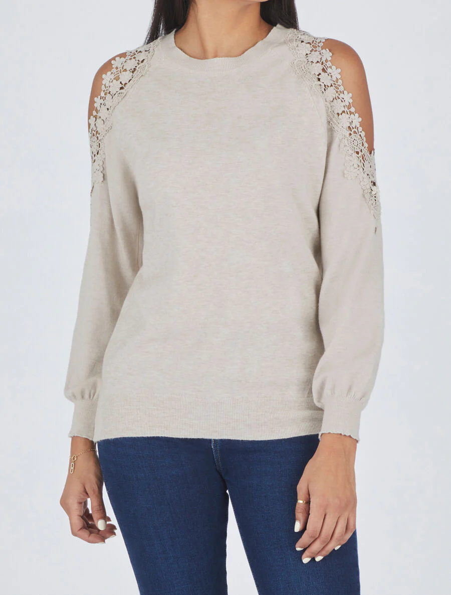 Pull épaules ajourées en dentelle - Beige