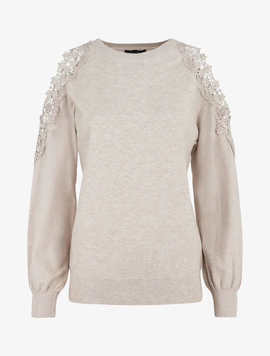 Pull épaules ajourées en dentelle - Beige - Image 2