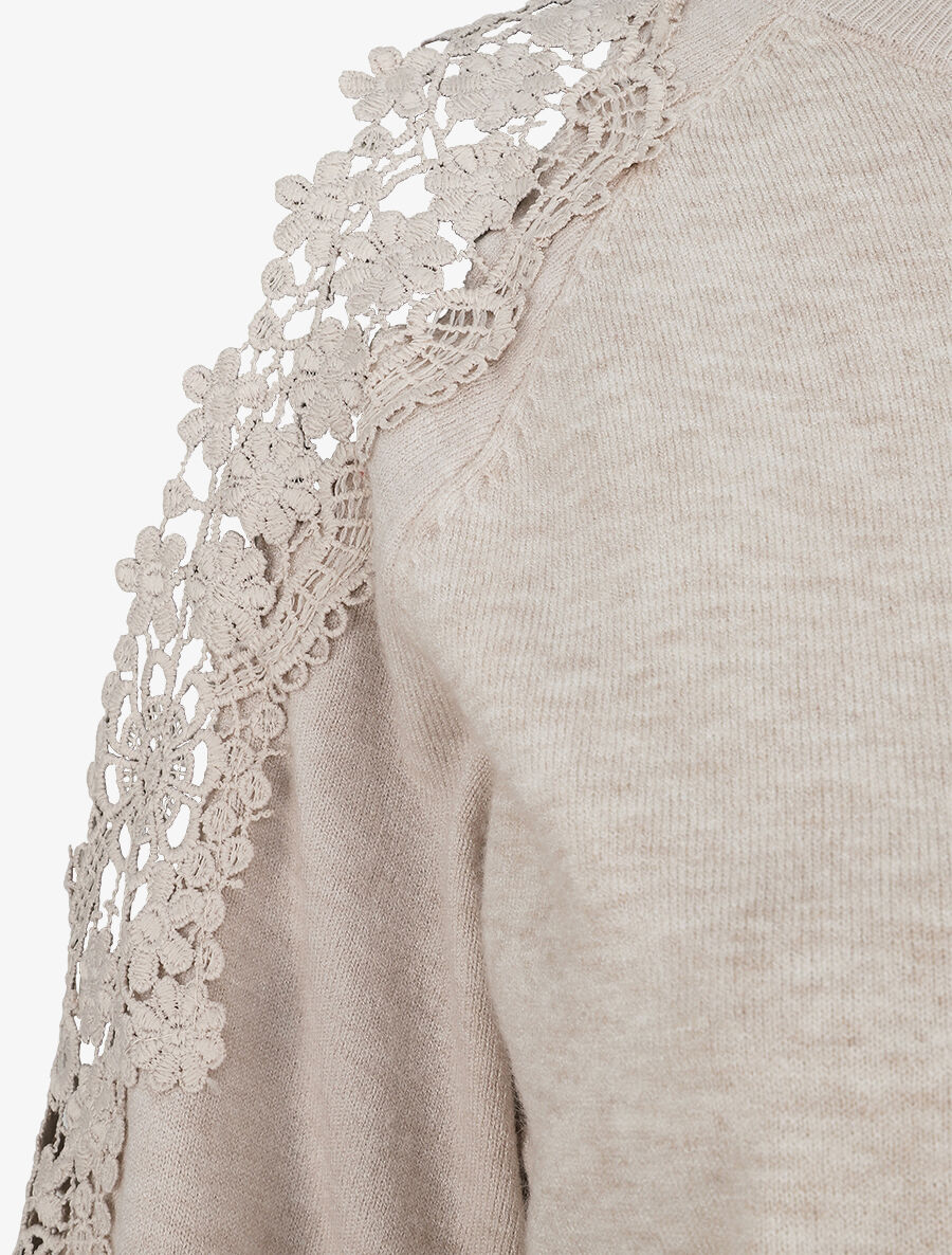 Pull épaules ajourées en dentelle - Beige - Image 4