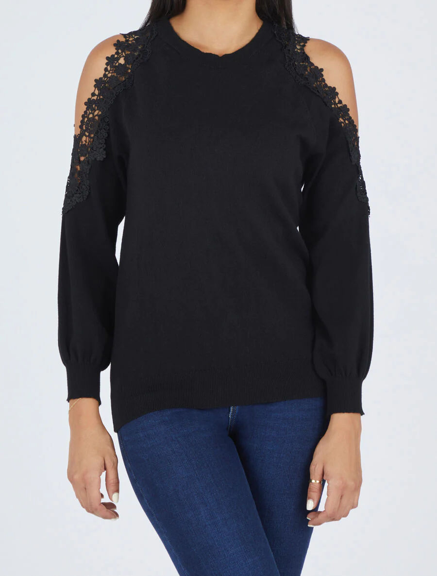 Pull épaules ajourées en dentelle - Noir