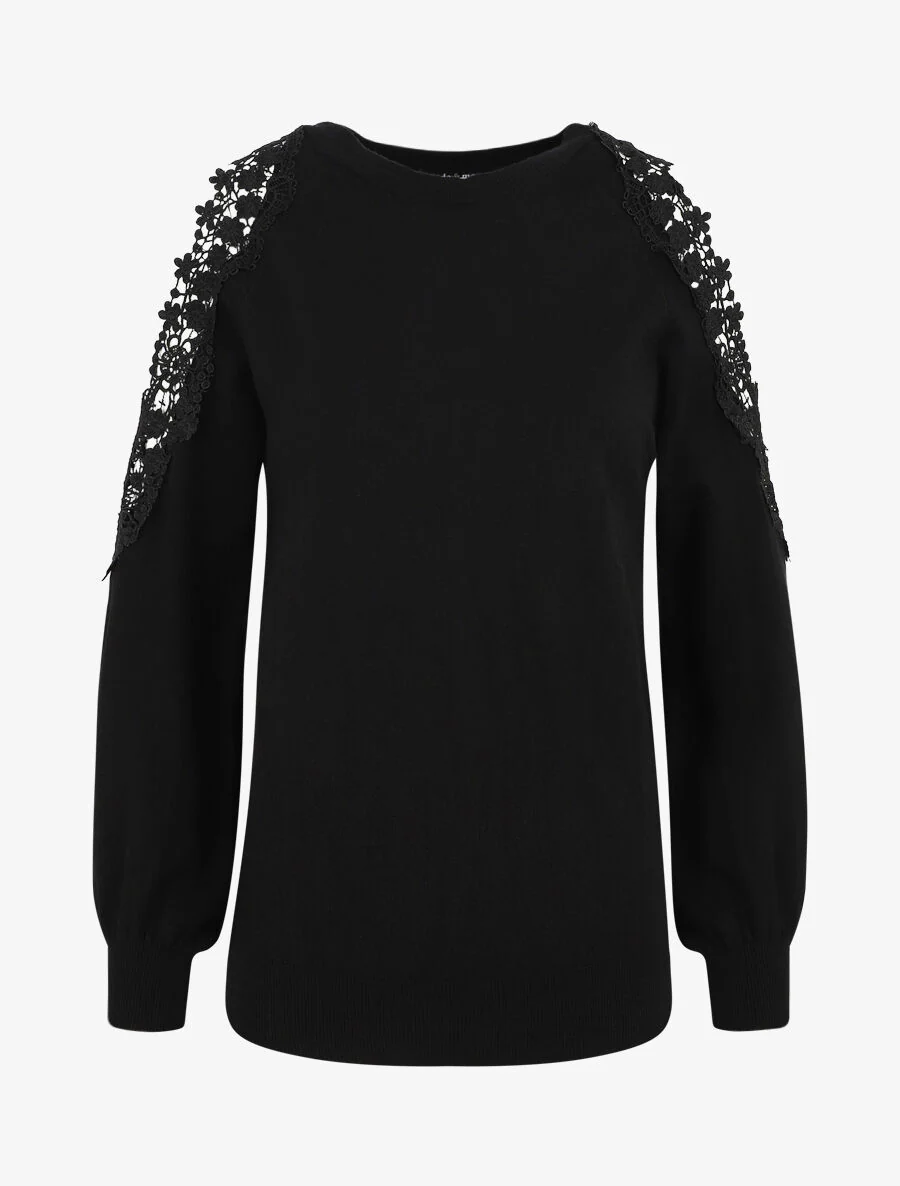 Pull épaules ajourées en dentelle - Noir - Image 2
