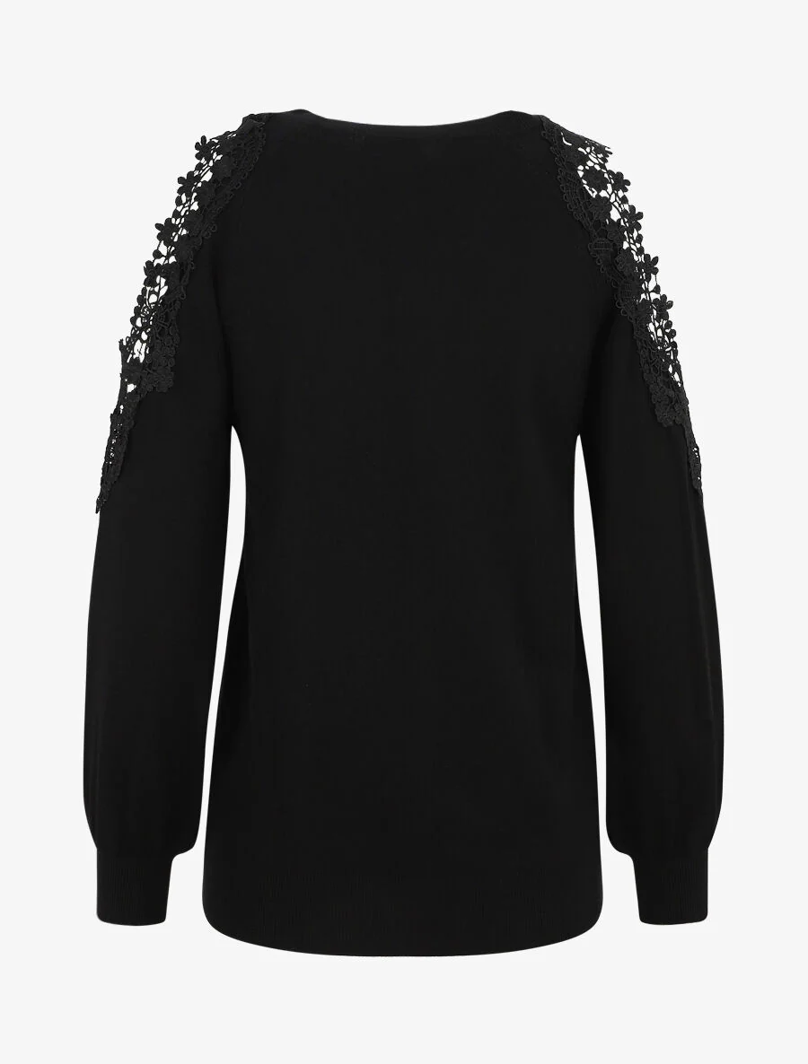 Pull épaules ajourées en dentelle - Noir - Image 3
