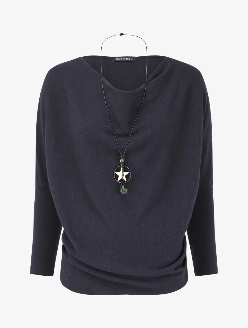 Pull fin à col bénitier et manches dolman - Bleu