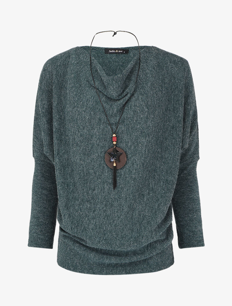 Pull fin à col bénitier et manches dolman - Vert émeraude