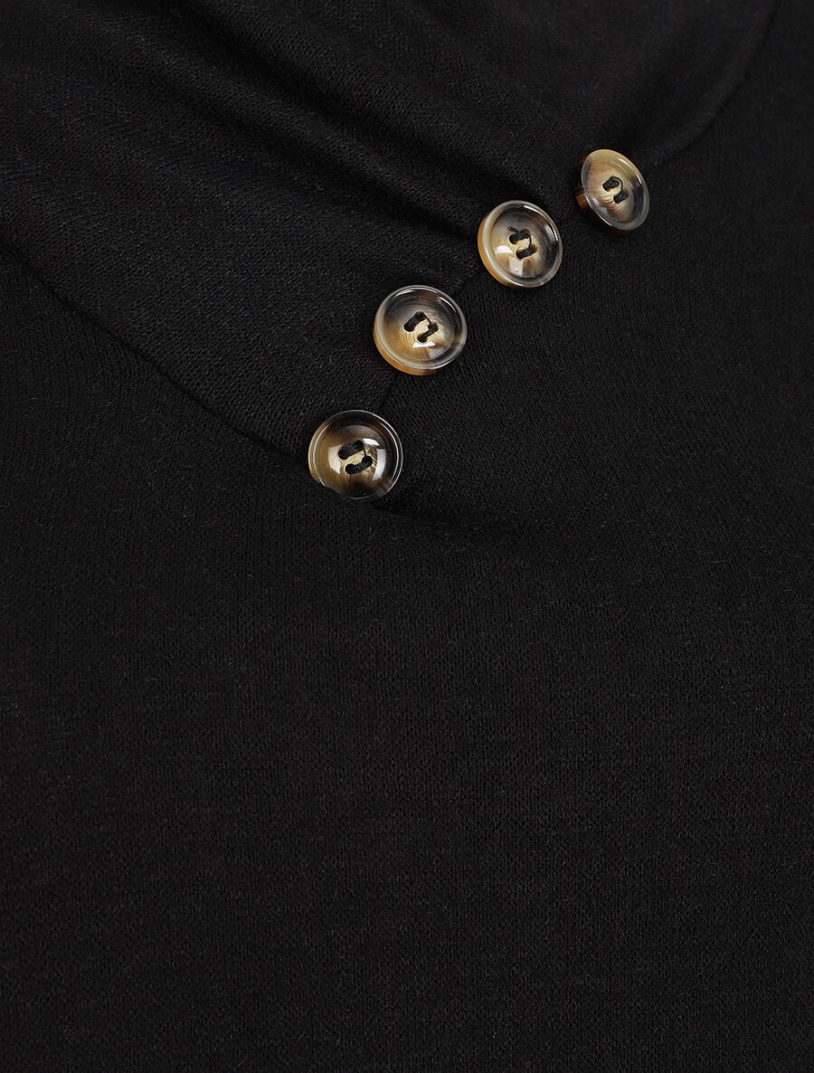 Pull fin à col montant et boutons décoratifs - Noir - Image 3