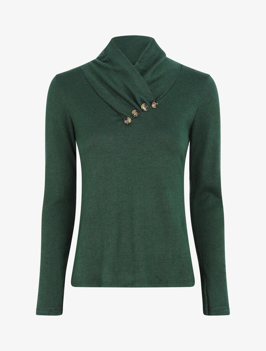 Pull fin à col montant et boutons décoratifs - Vert sapin