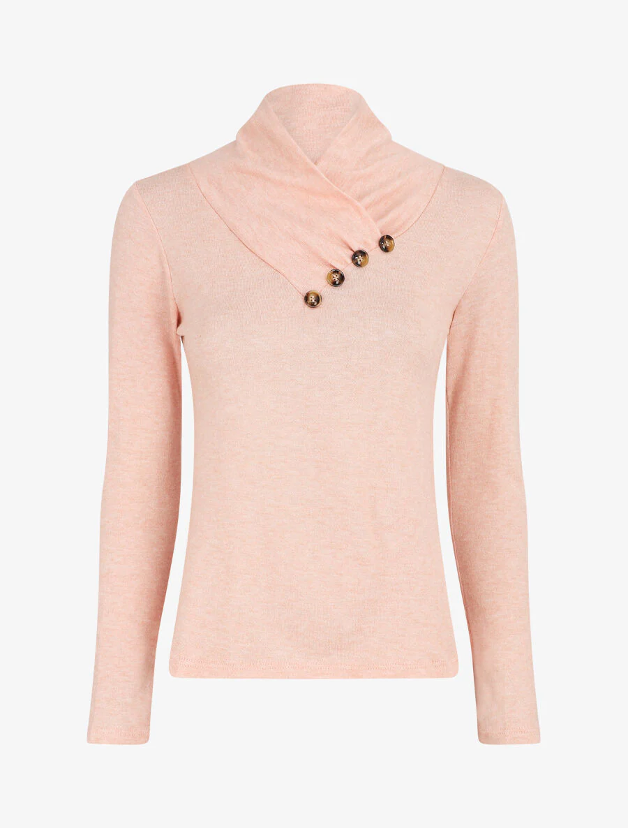 Pull fin à col montant et boutons décoratifs - Rose saumon