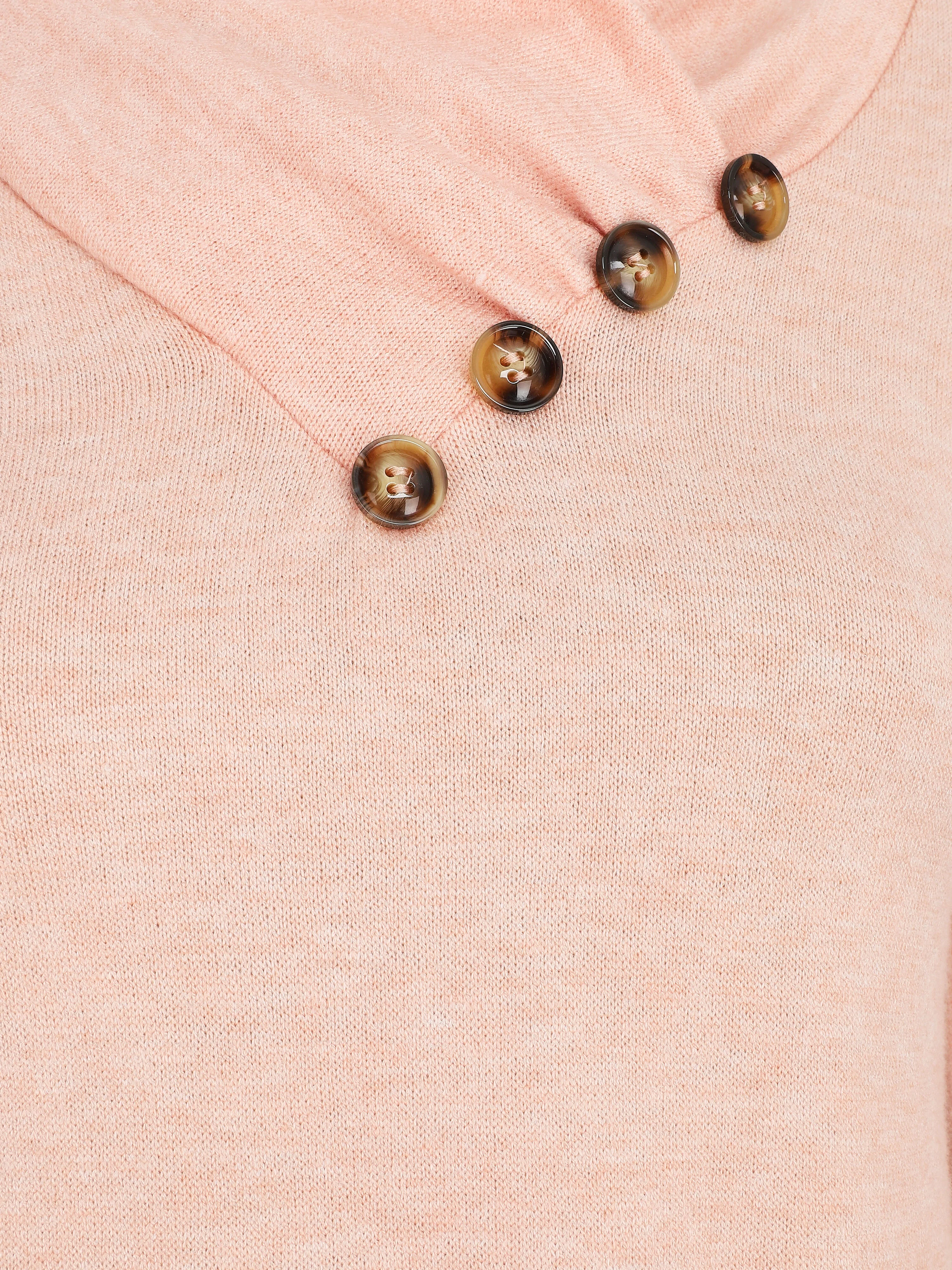 Pull fin à col montant et boutons décoratifs - Rose saumon - Image 3
