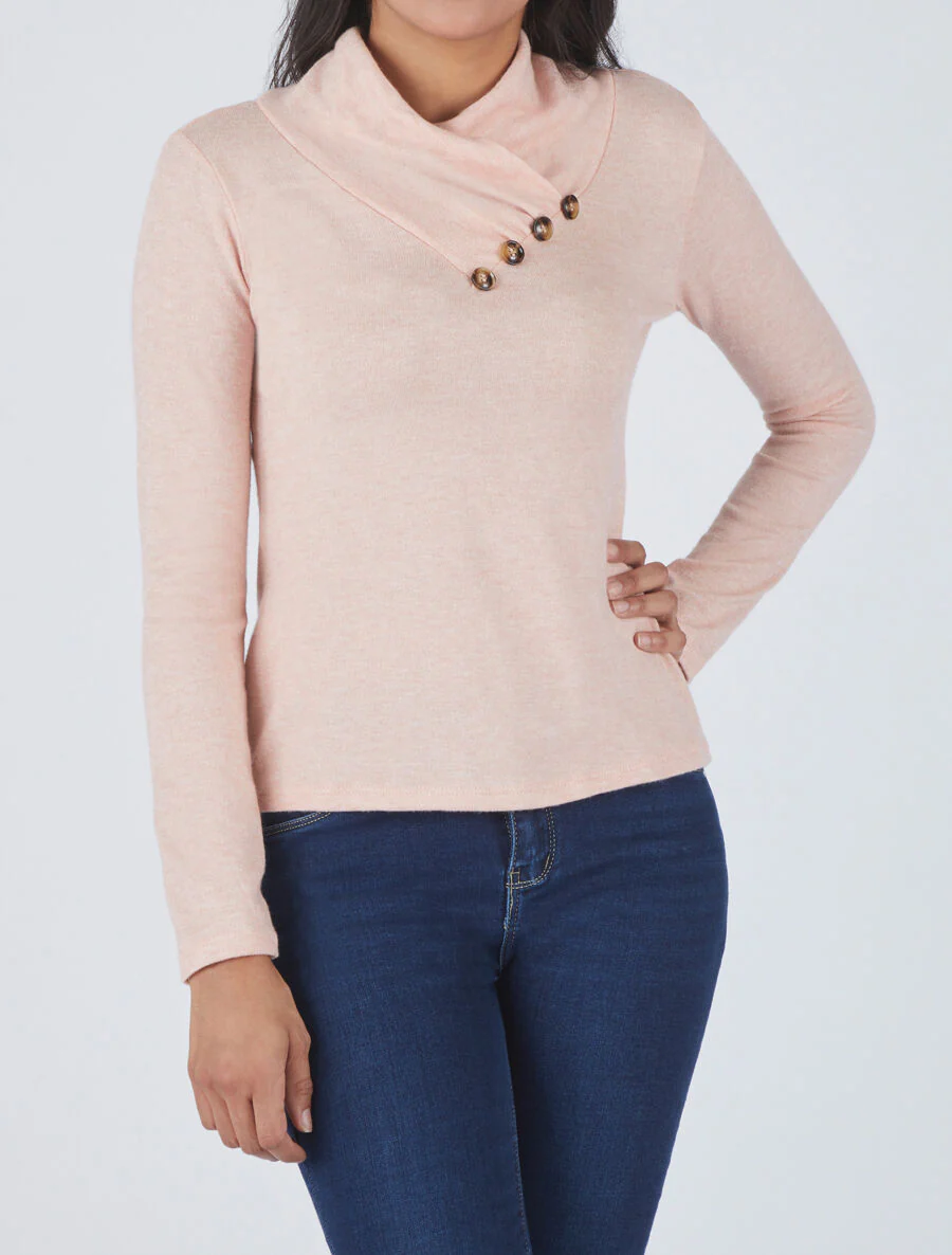 Pull fin à col montant et boutons décoratifs - Rose saumon - Image 4