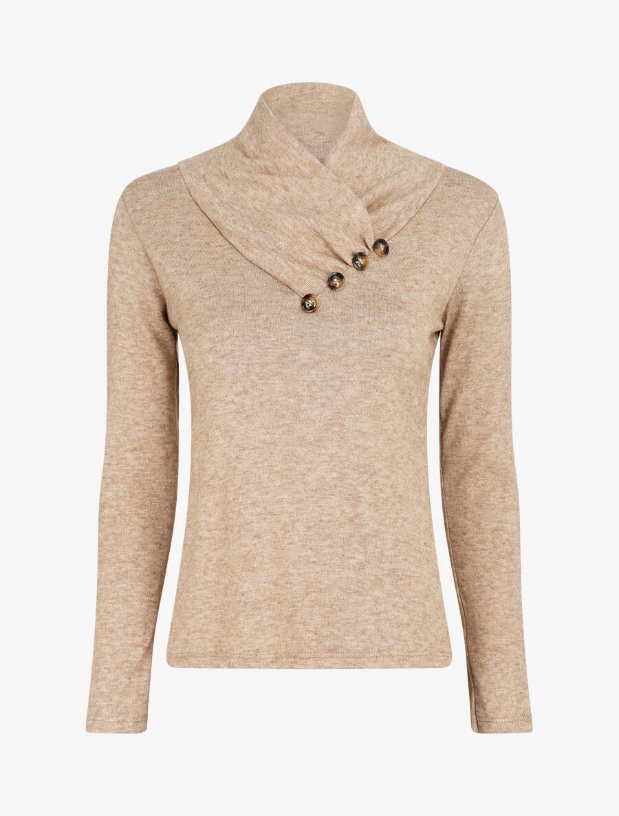Pull fin à col montant et boutons décoratifs - Beige