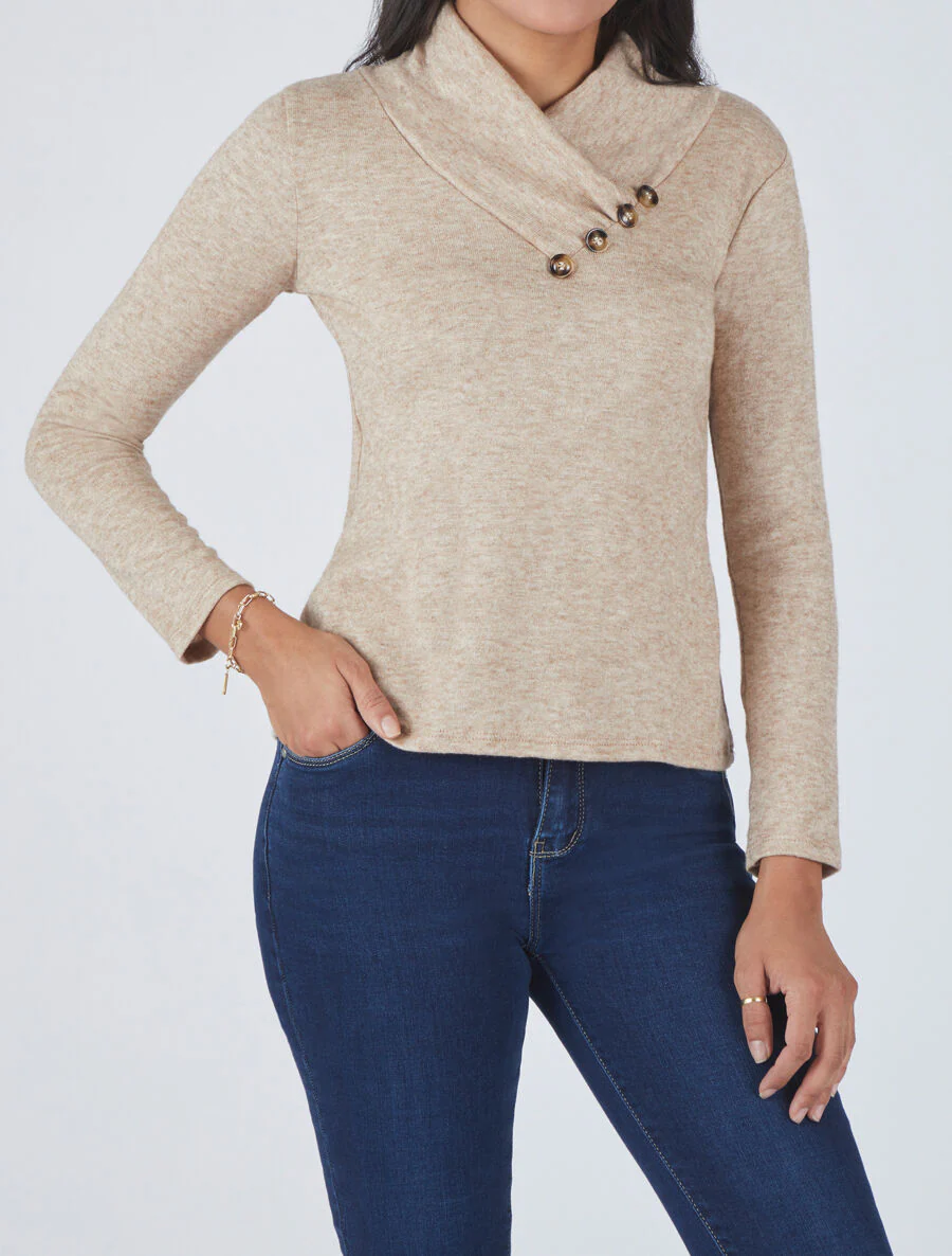 Pull fin à col montant et boutons décoratifs - Beige - Image 4