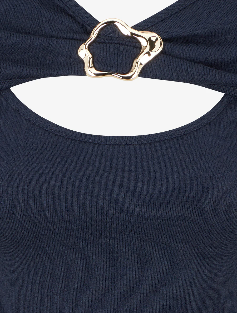 Pull fin à col rond ajouré à boucle - Marine - Image 3