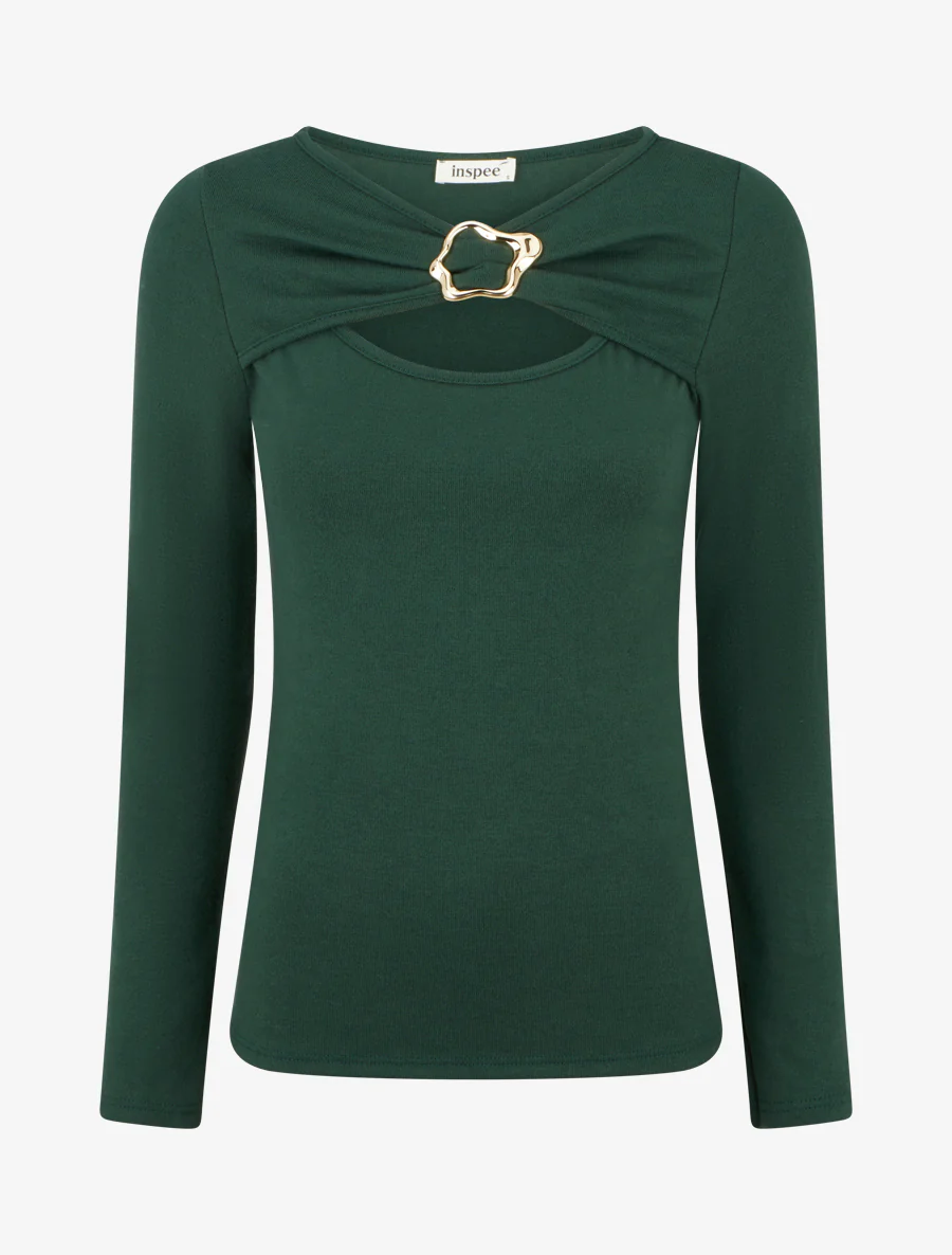 Pull fin à col rond ajouré à boucle - Vert foncé