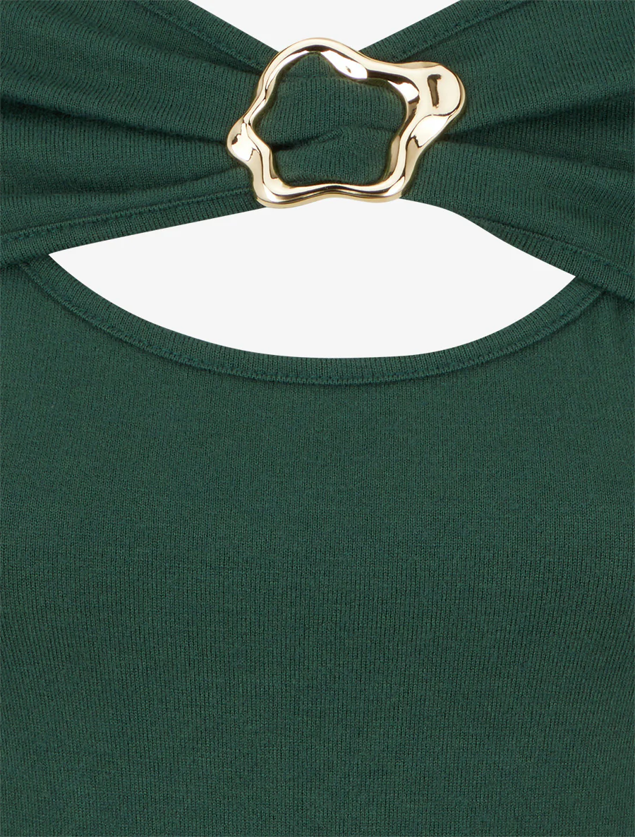 Pull fin à col rond ajouré à boucle - Vert foncé - Image 3