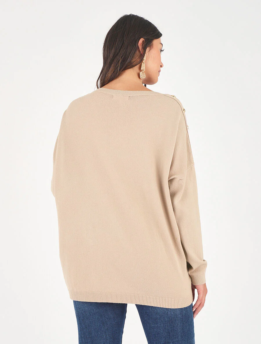 Pull fin à col rond et boutons décoratifs - Beige - Image 2