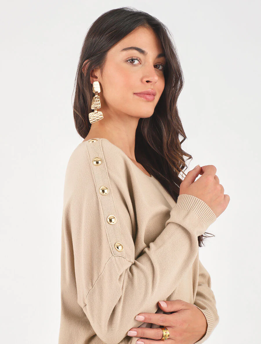 Pull fin à col rond et boutons décoratifs - Beige - Image 3