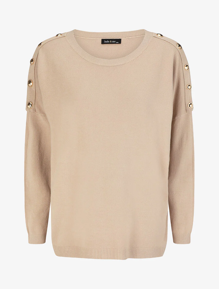 Pull fin à col rond et boutons décoratifs - Beige - Image 4