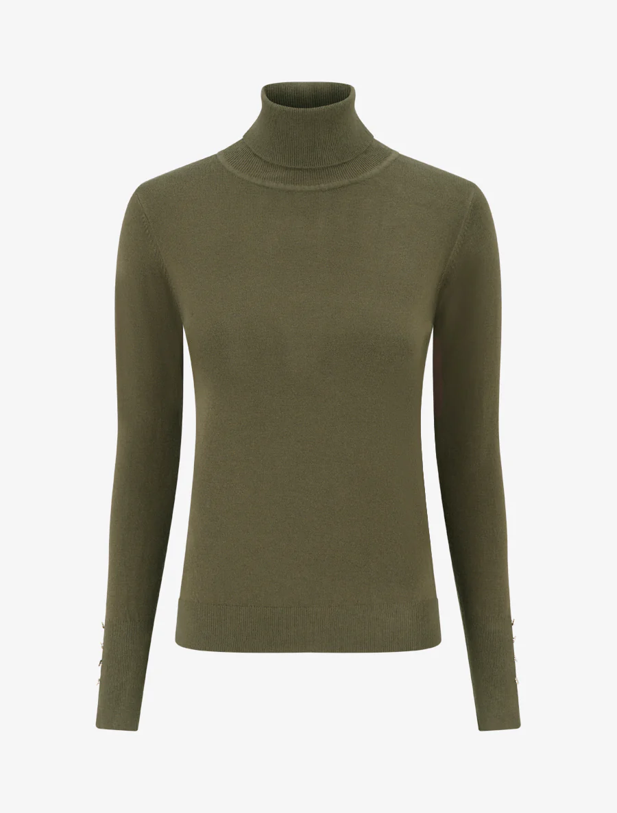 Pull fin à col roulé et boutons décoratifs - Kaki