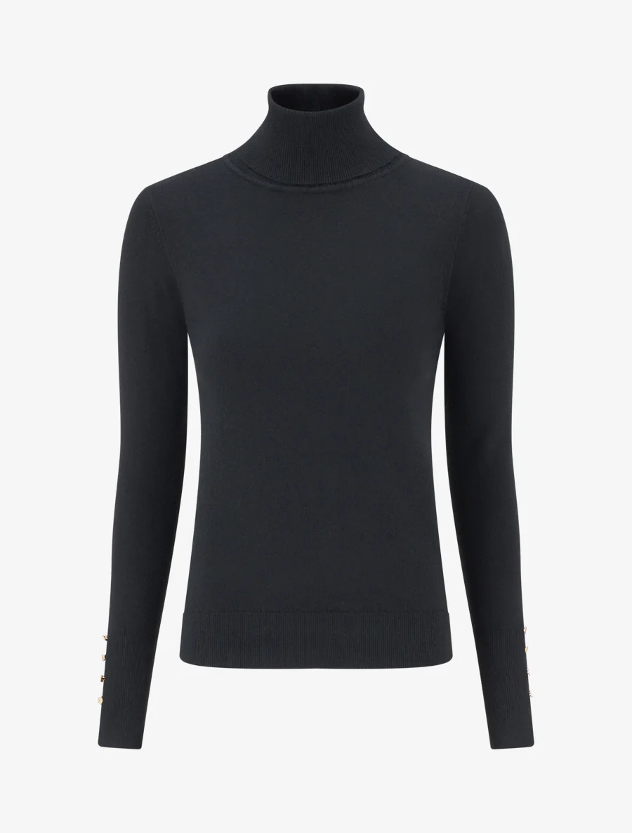 Pull fin à col roulé et boutons décoratifs - Noir
