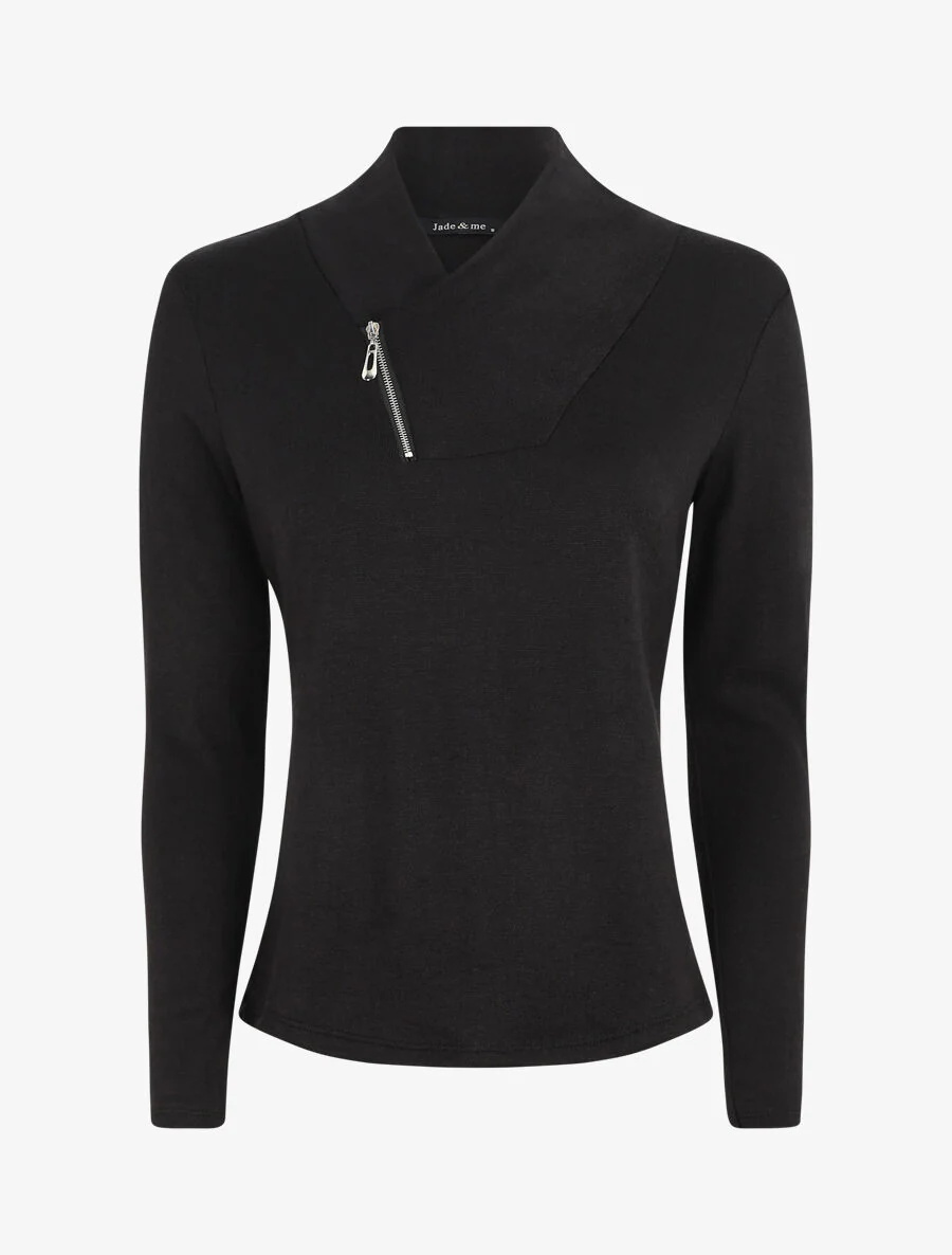 Pull fin à col V fantaisie zippé - Noir