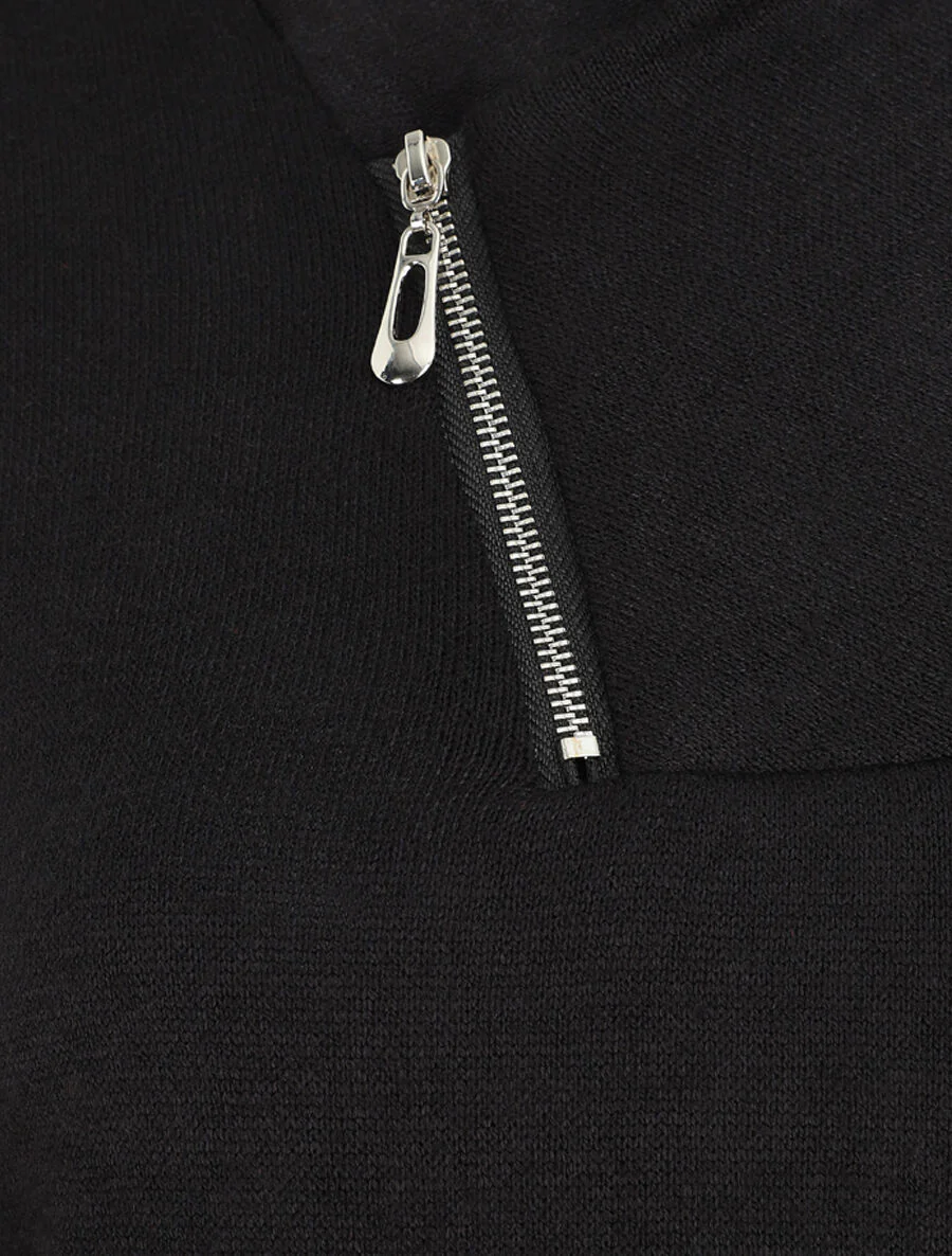 Pull fin à col V fantaisie zippé - Noir - Image 3
