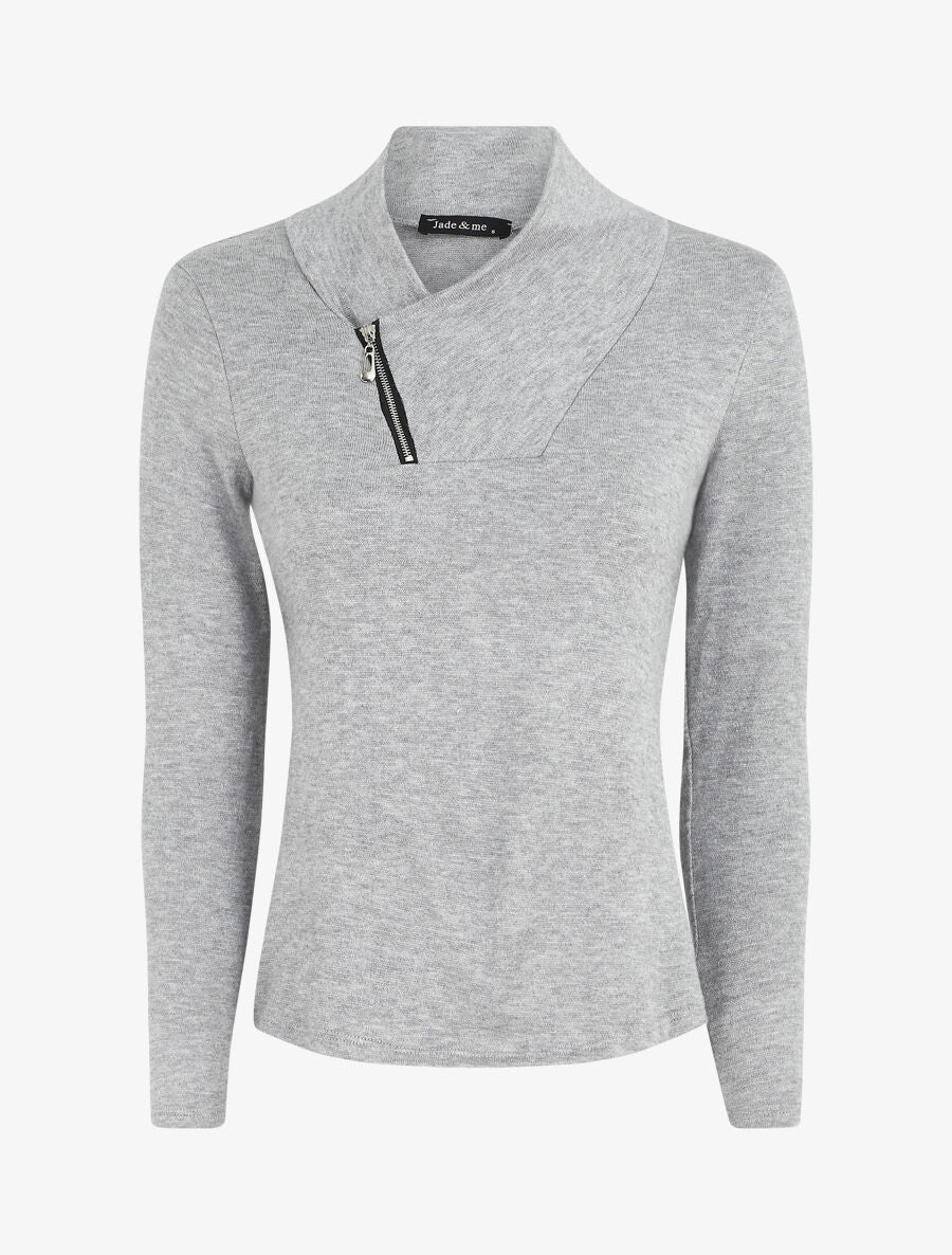 Pull fin à col V fantaisie zippé - Gris