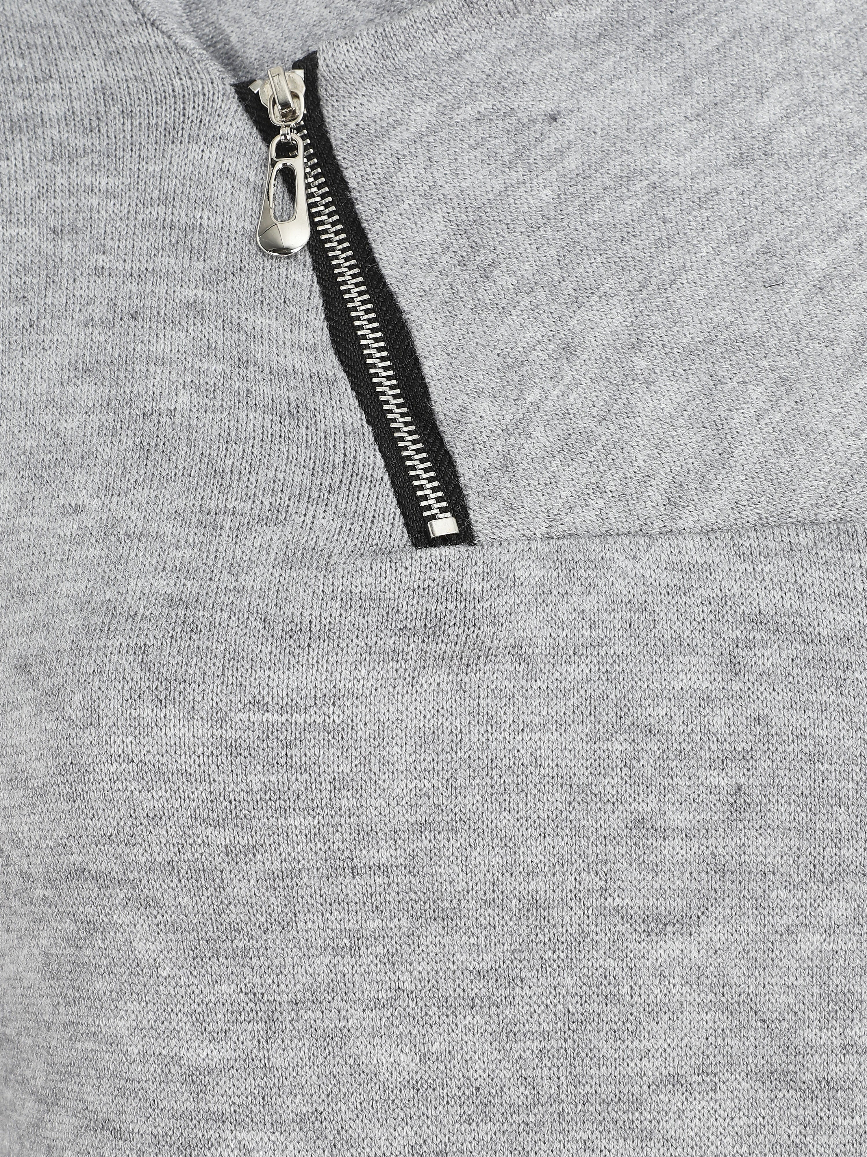 Pull fin à col V fantaisie zippé - Gris - Image 3