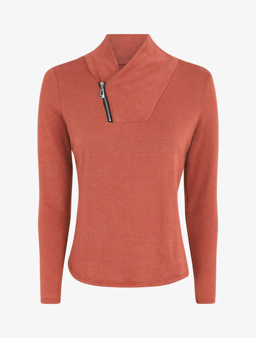 Pull fin à col V fantaisie zippé - Brique