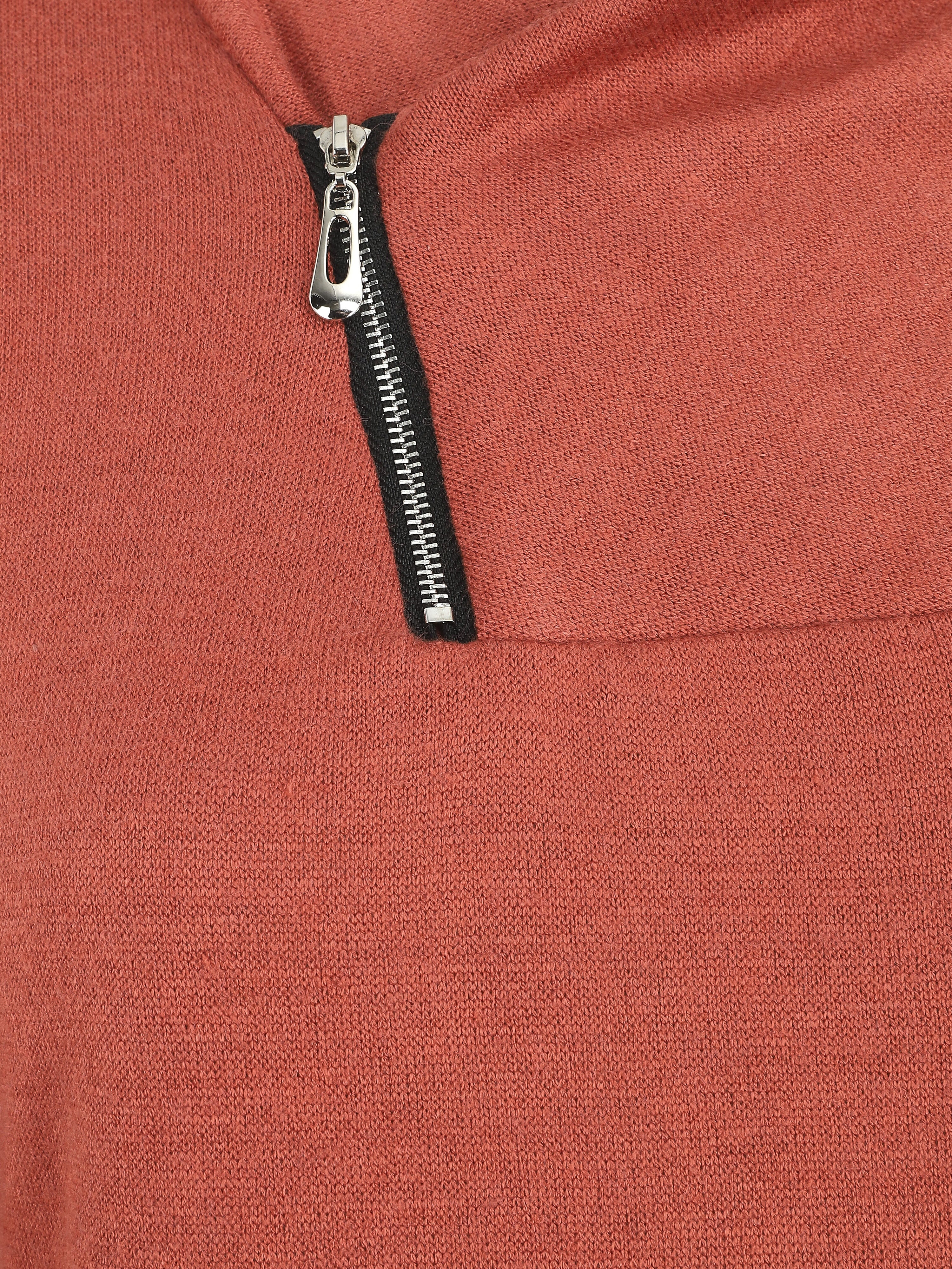 Pull fin à col V fantaisie zippé - Brique - Image 3