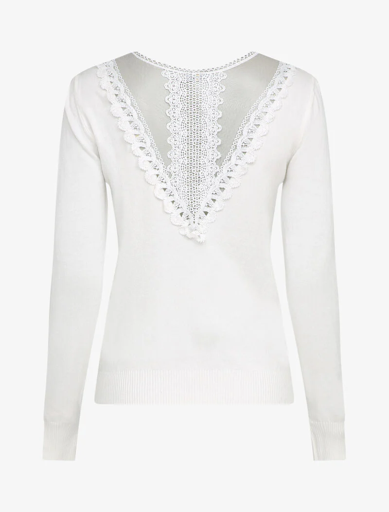Pull fin à dos en dentelle ajourée - Blanc - Image 2