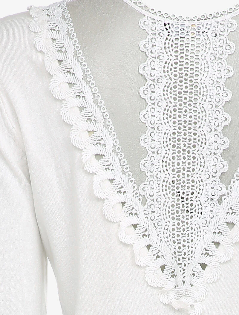 Pull fin à dos en dentelle ajourée - Blanc - Image 3